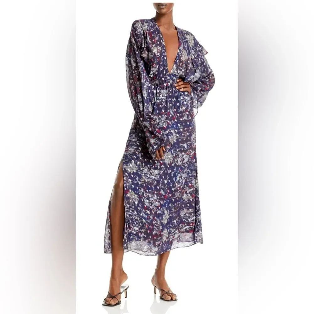 NWOT IRO SKAGE 20W Ruffle Plunging V-Neckline Paisley Midi Dress 34/US XS 2